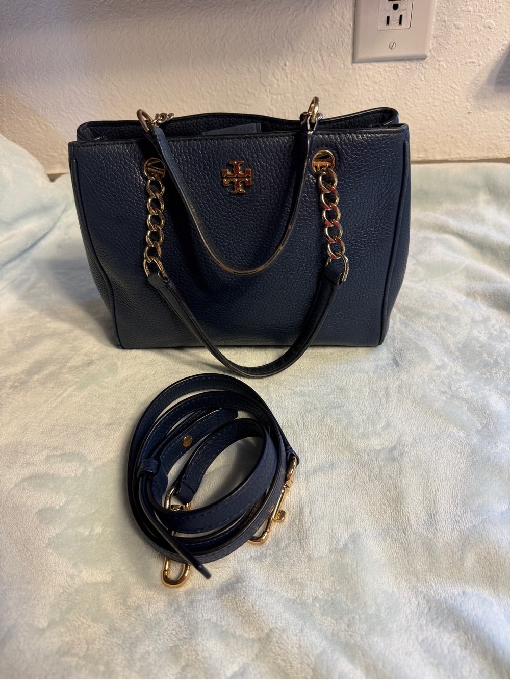 Tory Burch Navy Pebbled Leather Tote with Gold Chain Detail